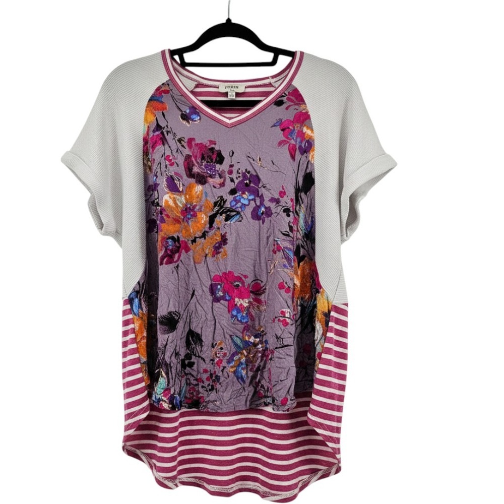 Umgee Floral Striped Mixed Media Top Small Oversized Artsy Boho Summer Cottage